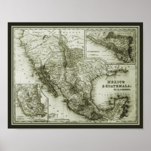 Póster Mapa histórico poster/imprenta de México y Guatema