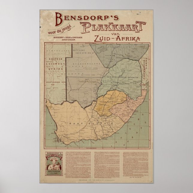 Póster Mapa holandés de Bensdorp de Sudáfrica Circa 1900 (Frente)