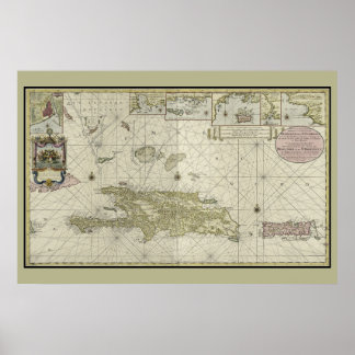 Póster Mapa holandés de la tabla 1720 de Haití y Repúblic