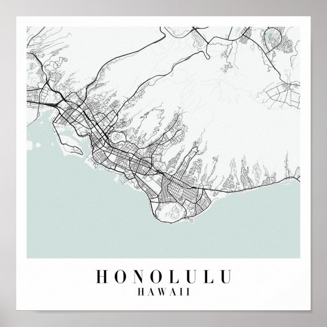 Póster Mapa honolulu Hawaii de la Calle de Agua Azul (Frente)