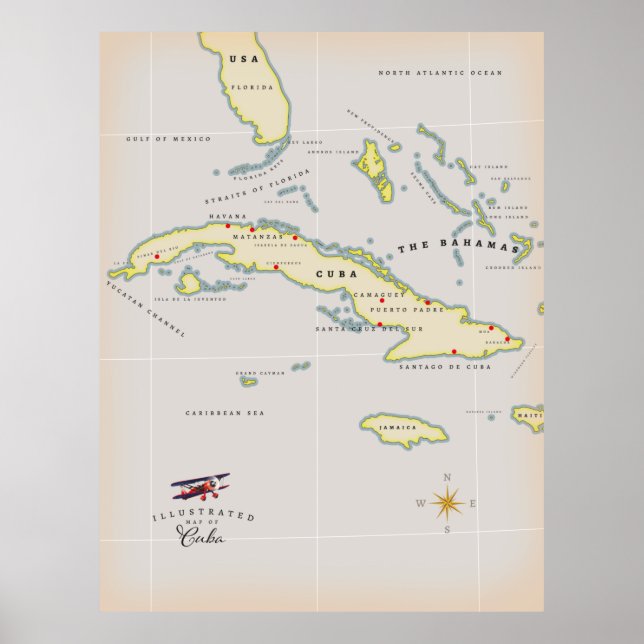 Póster Mapa ilustrado de Cuba (Frente)