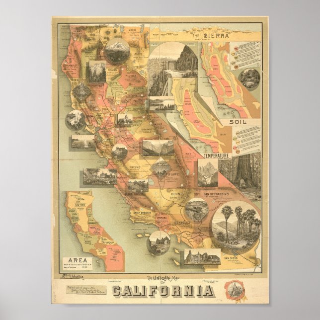 Póster Mapa ilustrado de época de California (Frente)