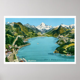 Póster Mapa ilustrado de época Lago Lucerne