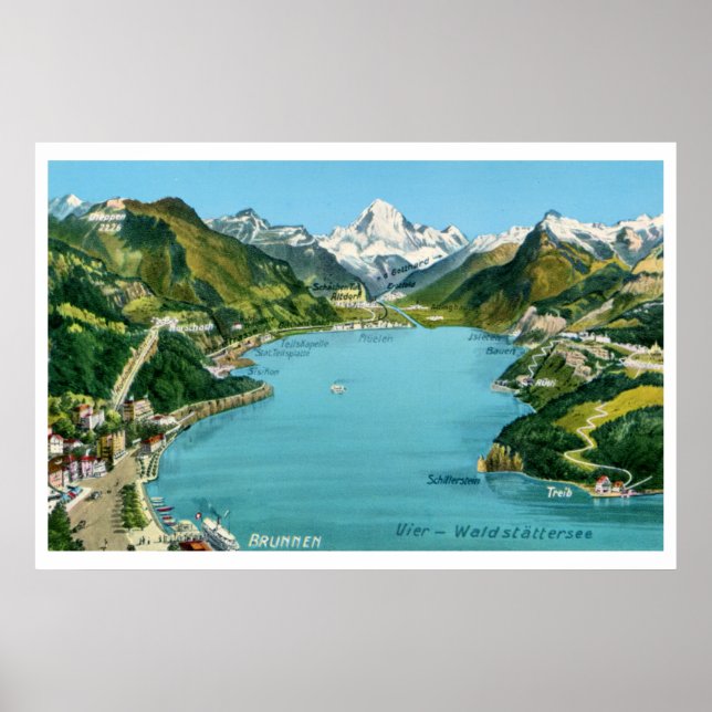 Póster Mapa ilustrado de época Lago Lucerne (Frente)