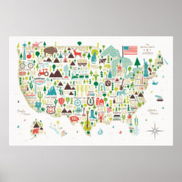 Póster Mapa ilustrado de Estados Unidos