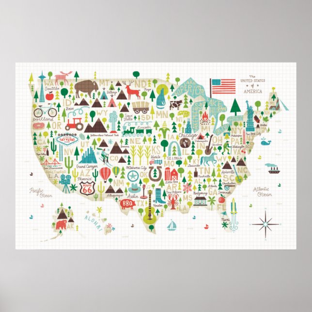 Póster Mapa ilustrado de Estados Unidos (Frente)