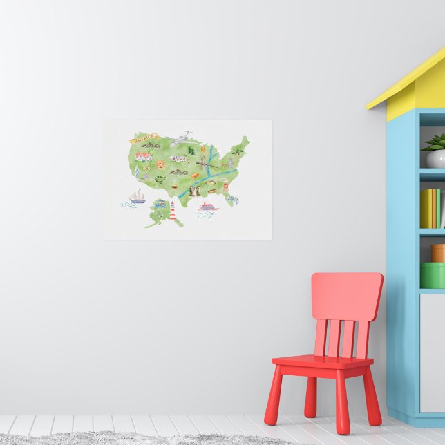 Póster Mapa Ilustrado de Estados Unidos de América (Guardería 1)
