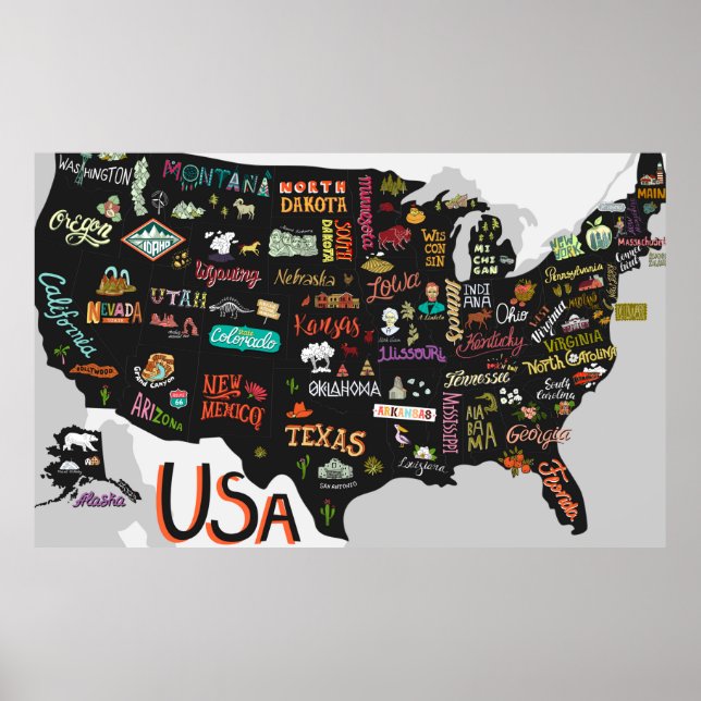 Póster Mapa ilustrado de Estados Unidos. Poster con estad (Frente)