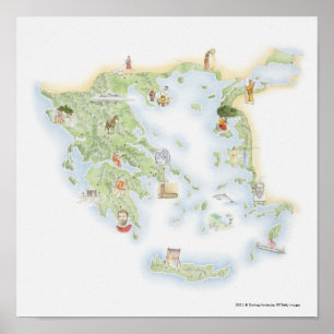 Póster Mapa ilustrado de Grecia antigua