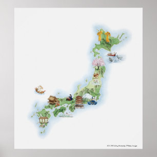 Póster Mapa ilustrado de Japón antiguo