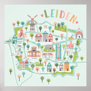 Póster Mapa ilustrado de Leiden City sobre fondo de menta