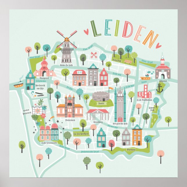 Póster Mapa ilustrado de Leiden City sobre fondo de menta (Frente)