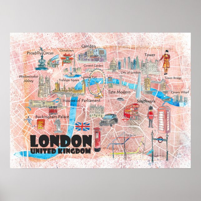 Póster Mapa ilustrado de Londres en el Reino Unido con pu (Frente)