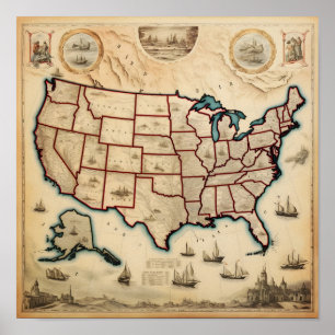 Póster Mapa ilustrado de los EE.UU.