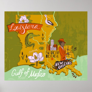 Póster Mapa ilustrado de Luisiana, Estados Unidos. Viajes