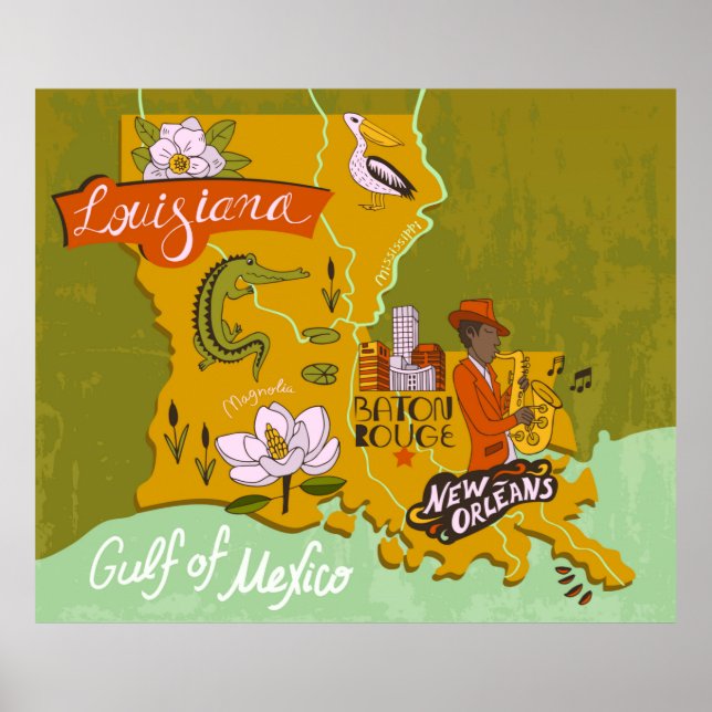 Póster Mapa ilustrado de Luisiana, Estados Unidos. Viajes (Frente)