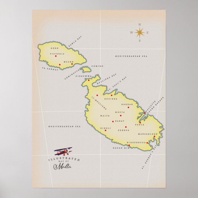 Póster Mapa ilustrado de Malta (Frente)