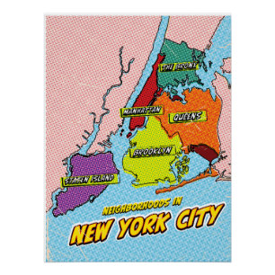 Póster Mapa ilustrado de Nueva York en estilo Pop Art