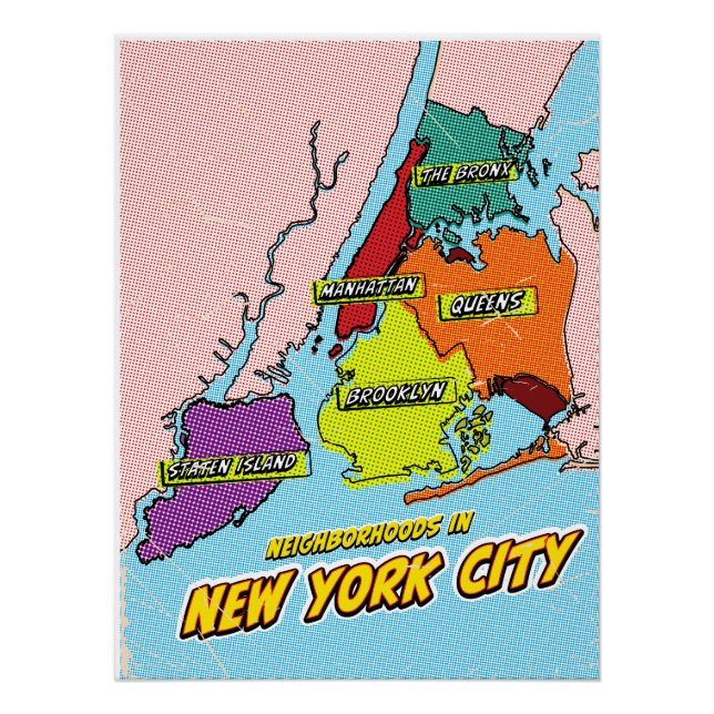 Póster Mapa ilustrado de Nueva York en estilo Pop Art (Anverso)