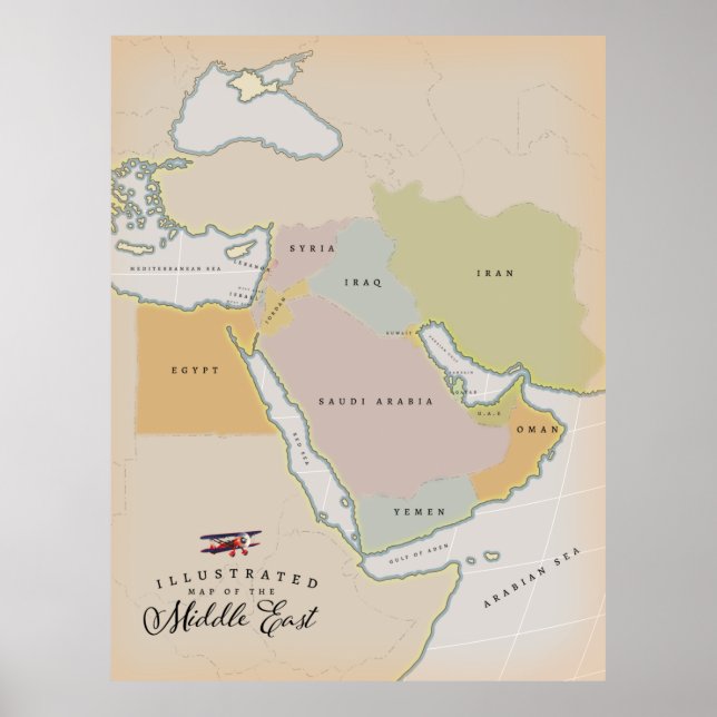 Póster Mapa ilustrado de Oriente Medio. (Frente)