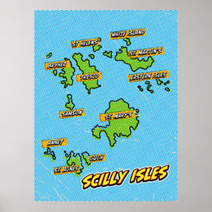 Póster Mapa ilustrado de Pop Art de las Islas Scilly