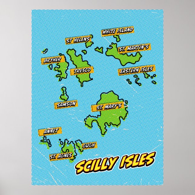 Póster Mapa ilustrado de Pop Art de las Islas Scilly (Frente)