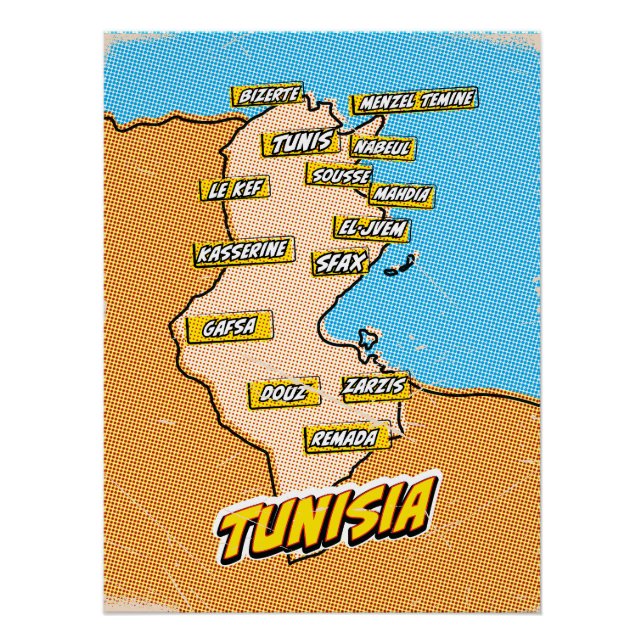 Póster Mapa ilustrado de Túnez de Pop Art (Anverso)