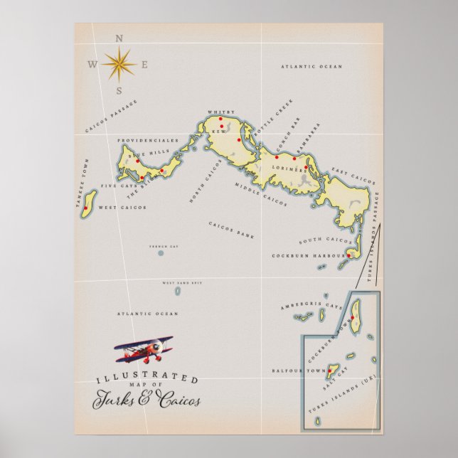 Póster Mapa ilustrado de Turks y Caicos (Frente)