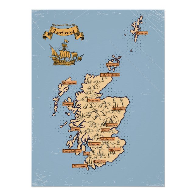 Póster Mapa ilustrado de viajes de Escocia (Anverso)