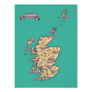 Póster Mapa ilustrado de viajes de Escocia (versión Verde