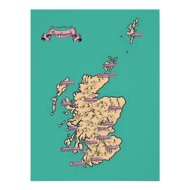 Póster Mapa ilustrado de viajes de Escocia (versión Verde (Anverso)