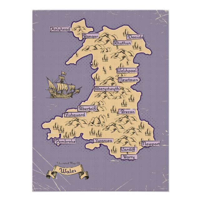 Póster Mapa ilustrado de viajes de Gales (Anverso)