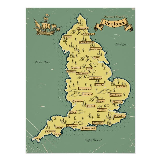 Póster Mapa ilustrado de viajes de Inglaterra (Anverso)