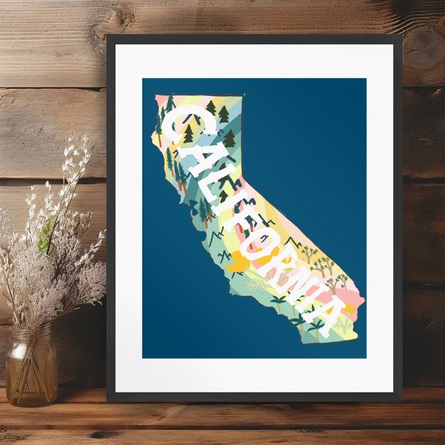 Póster Mapa ilustrado del estado de California (California State Illustrated Map Poster Wall Art)