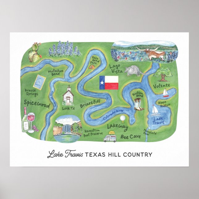 Póster Mapa ilustrado del Lago Travis Texas Hill Country (Frente)