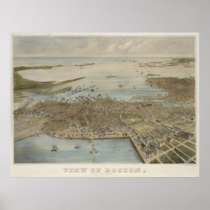 Póster Mapa ilustrado del vintage de Boston (1870) (2)