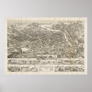Póster Mapa ilustrado del vintage de Nashua NH (1883)