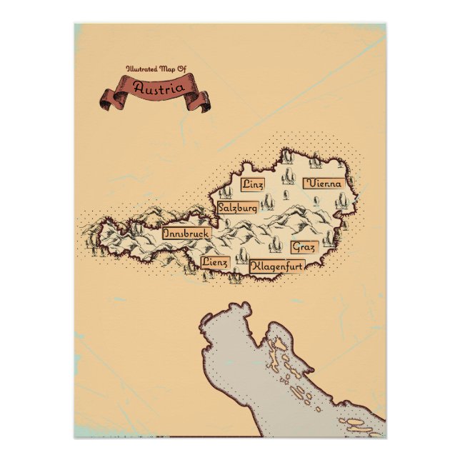 Póster Mapa ilustrado vintage de Austria (Anverso)