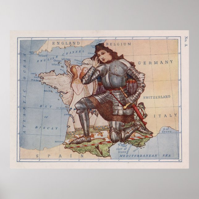 Póster Mapa ilustrativo de Juana de Arco de Francia Vinta (Frente)