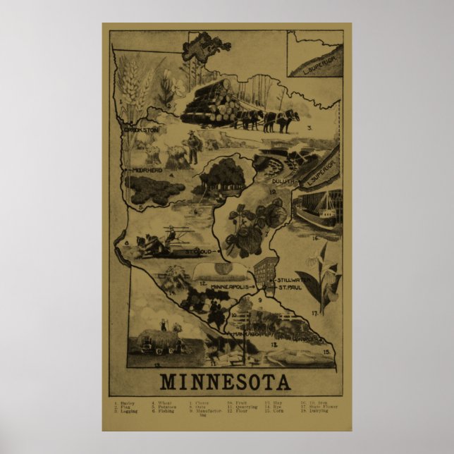 Póster Mapa ilustrativo de Minnesota Vintage (1921) - Tan (Frente)