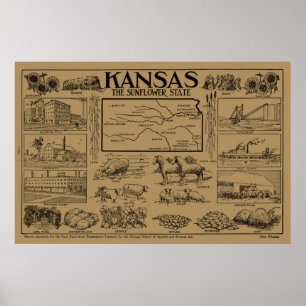 Póster Mapa ilustrativo vintage de Kansas (1912) - Tan