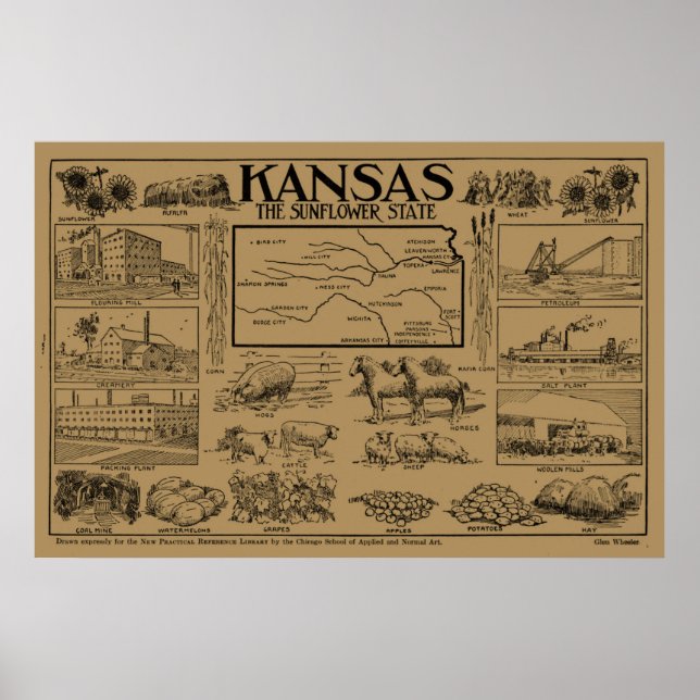 Póster Mapa ilustrativo vintage de Kansas (1912) - Tan (Frente)