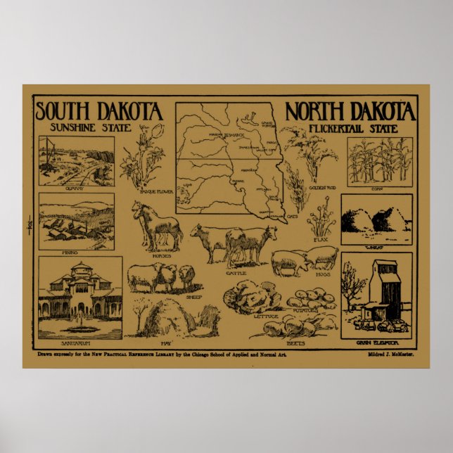 Póster Mapa ilustrativo vintage de los Dakotas (1912) (Frente)
