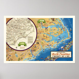 Póster Mapa impreso de Carolina del Norte Oriental 12x18