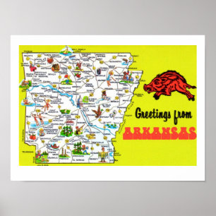 Póster Mapa impreso de postal colorida de Arkansas