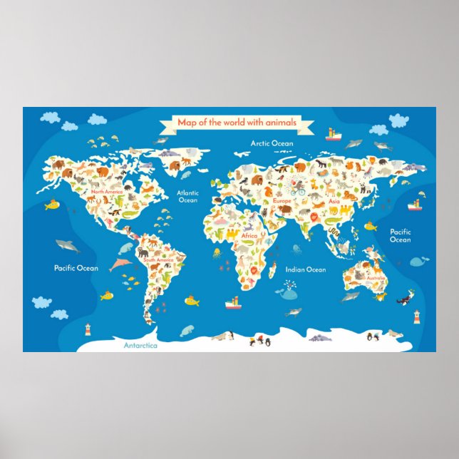 Póster Mapa infantil del mundo con animales (Frente)
