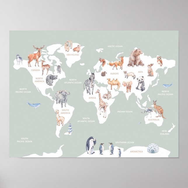 Póster Mapa infantil del mundo con animales (Frente)