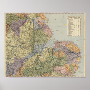 Póster Mapa Inglaterra, País de Gales 4 de la línea