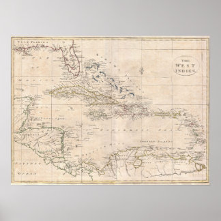 Póster Mapa inglés del Caribe GRANDE de 1799
