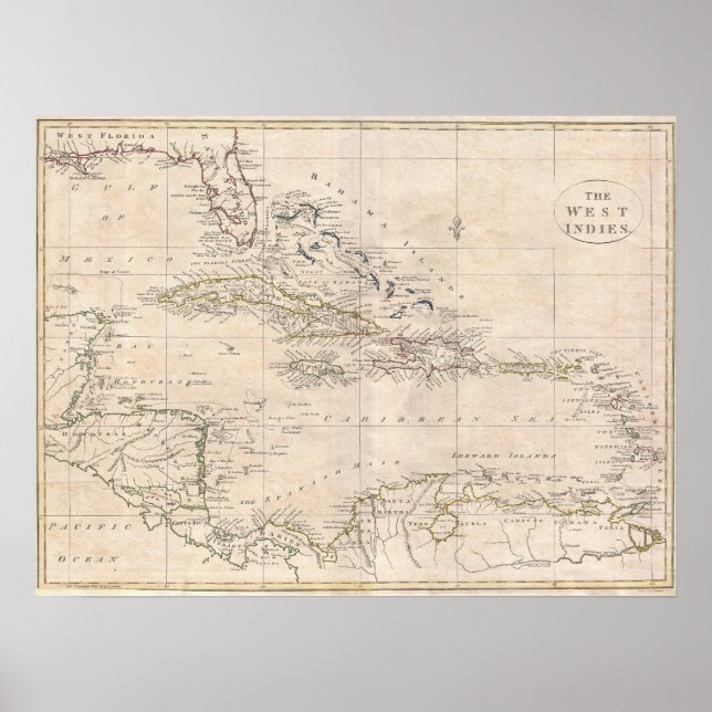 Póster Mapa inglés del Caribe GRANDE de 1799 (Frente)